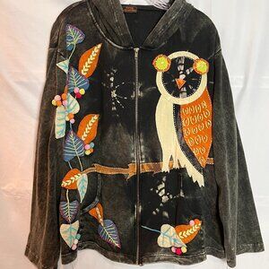 Unique Women's Applique Embroidered black full zip hoodie Size L